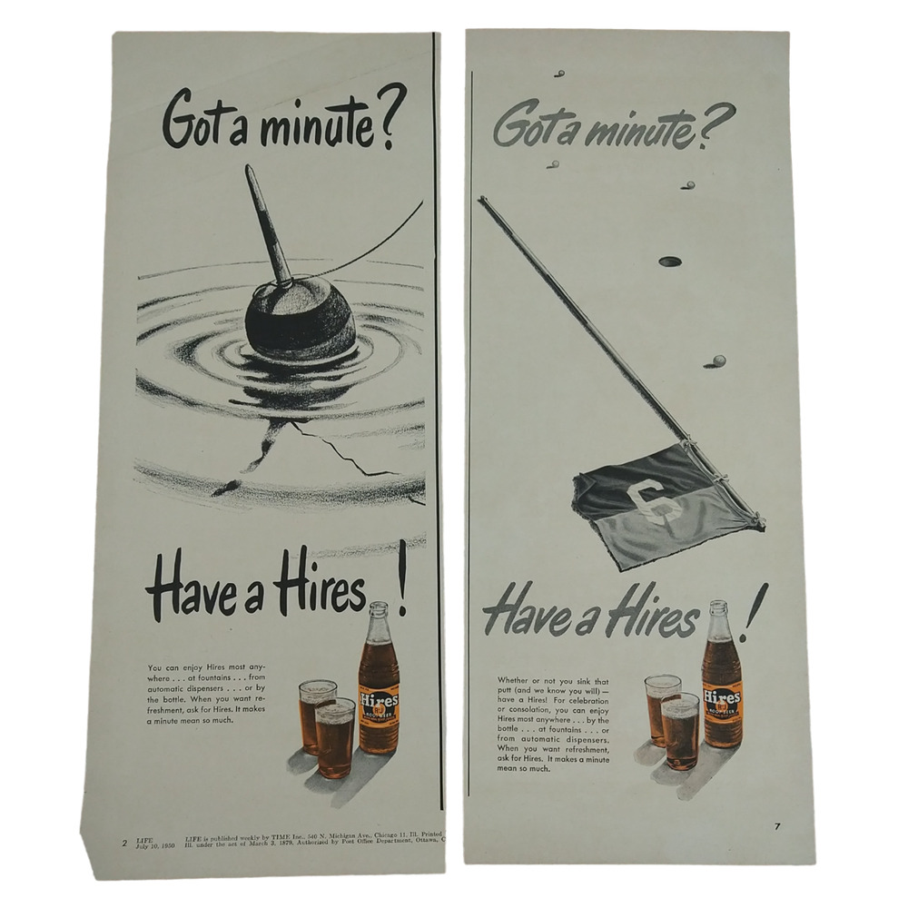 1950 Hires Soda Pop Lot of 2 Vtg Magazine Print Ads Golf Fishing Got a‎ Minute